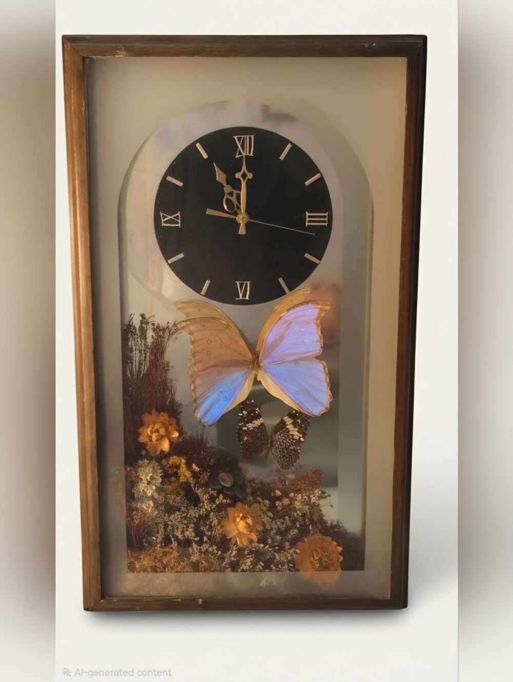 Vintage Tom Knauer Butterfly Specimen Shadow Box Wall Clock Dried Flowers Wood